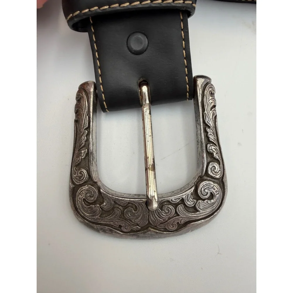 Justin Mens Leather Belt Beaded Western Style‎ Silver Buckle Black Yellow Red